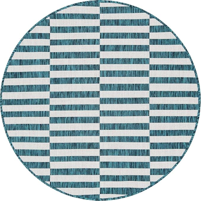 Unique Loom Outdoor Striped Collection Area Rug - Striped (4' 1" Round, Teal/Ivory)