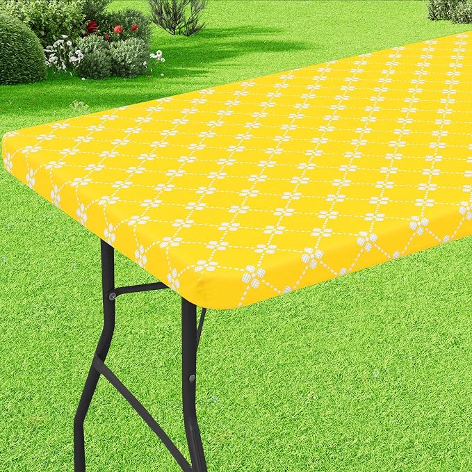 misaya Rectangle Vinyl Table Cloth, Elastic Fitted Tablecloth with Flannel Backing, Waterproof Plastic Table Cover Fits 8 Foot Folding Tables for Picnic, Camping and Outdoor (Yellow, 30" x 96")