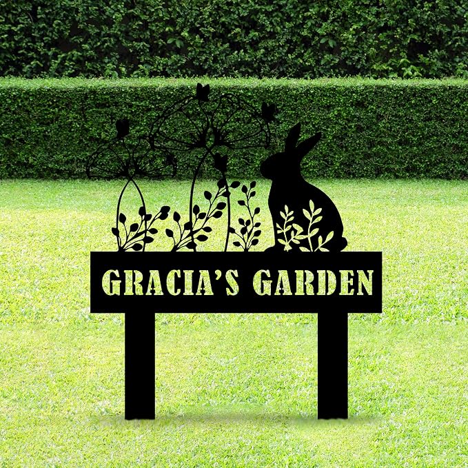 Custom Metal Rabbit and Flower Garden Stake, Bunny Metal Garden Sign, Personalized Easter Rabbit with Flower Sign, Farm Animal Sign, Pet Grave Marker, Rabbit Sympathy Gift, Pet Loss, Remembrance Stake