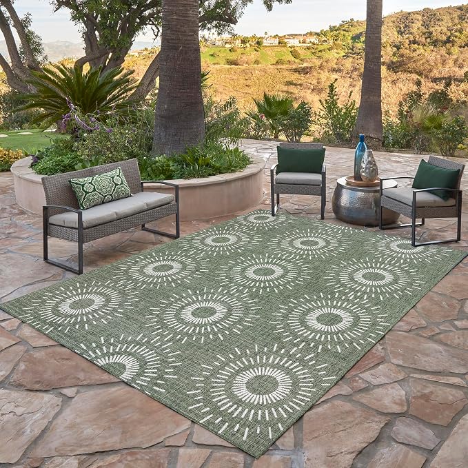 Gertmenian Indoor/Outdoor Flatweave Area Rug - 6x9 Medium, Stain & UV Resistant, Ideal for High Traffic Areas in Deck, Patio, Mudroom - Geometric, Green, 32457