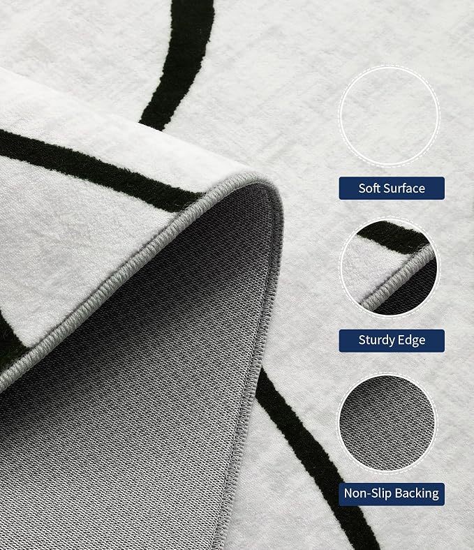 2x6 Washable Modern Black White Kitchen Runner Rug | Ultra-Thin Low Pile, Non-Slip TPE Backing, Soft Stain Resistant, Machine Washable, for Bedroom Livingroom High Traffic