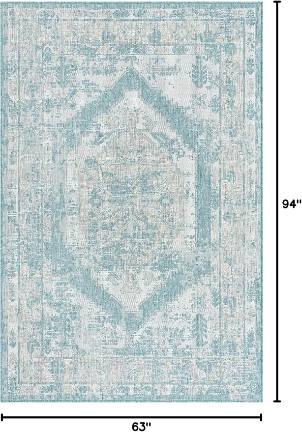 Unique Loom Outdoor Traditional Collection Area Rug - Valeria (5' 3" x 7' 10" Rectangle, Aqua/ Ivory)