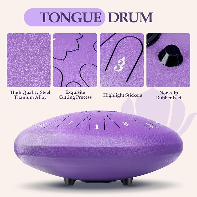 Rain Drum for Outside - 15 Note 12 Inch Steel Tongue Drum - Handpan Drum for Meditation and Beginners with Music Book, Rain Drum Mallet, and Carrying Bag(Purple, 12 lnch)