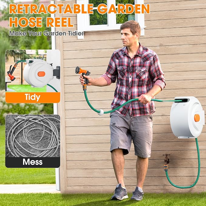Retractable Garden Hose Reel 1/2 in x 100 ft Wall Mounted, Auto Rewind with Slow Return & Any-Length Lock, No Kink Tangle-Free, 3/4 in Brass Connector, 180° Swivel, Heavy Duty Hose Reel for Outside