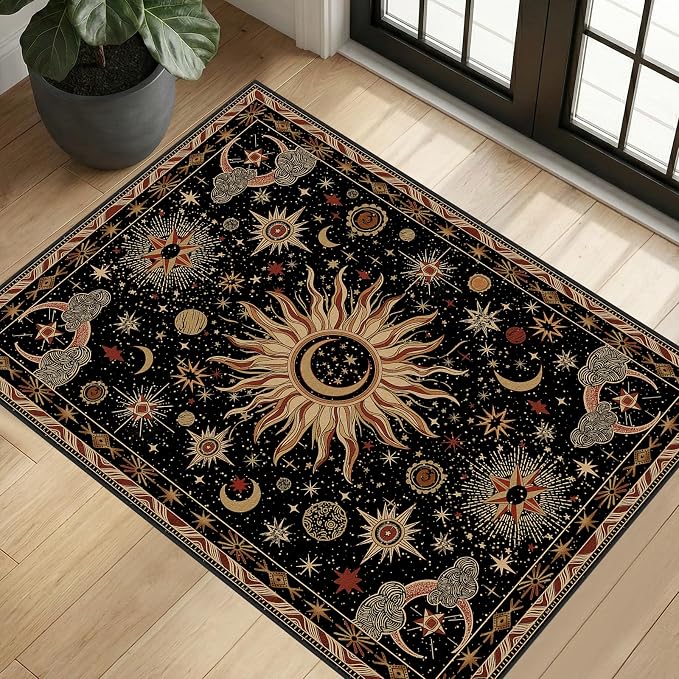 Vacuum-Friendly, 2x3 Washable Area Rug, Black Gold Beige Red | Sun and Moon Boho Gothic Non-Slip Low Pile Living Roon Bedroom Dining Room Kitchen Entry Entryway Entrance Hallway Doormat