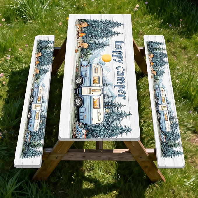 Picnic Table Cover with Bench Covers Elastic Edges, Outdoor Patio Camping Essentials 60 Inch 3PCS, Camper Fitted Table Cover, Waterproof Rectangle Tablecloth with Drawstring Bag,RV