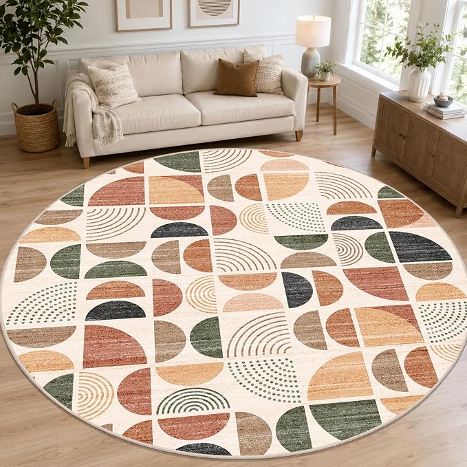 Round Rugs 9ft,Circle Area Rug Washable Non Slip Modern Abstract | Circular Rugs for Living Room Dining Room Large Boho Throw Carpet Soft Low Pile Floor Indoor Bohemian Terracotta
