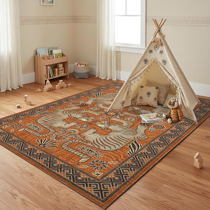 GarveeHome 4x6 Tiger Washable Rug Entryway Boho Bedroom Non Slip Vintage | Terracotta Area Rug Low Pile Tribal Carpet Stain Resistant Throw Rug for Kitchen Dorm Kidss Room Office Dining Room