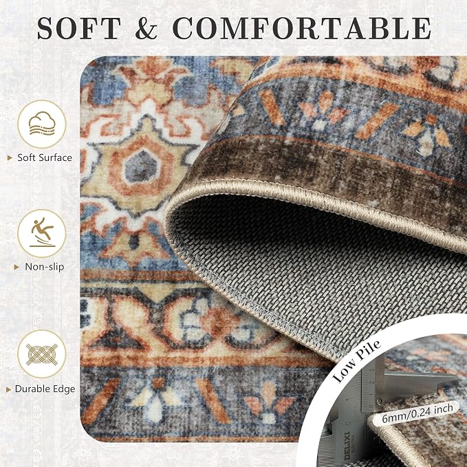 8x10 Area Rugs for Living Room - Washable Vintage Retro Large Rug, Soft Ultra Thin Non Slip Low Pile Traditional Distressed Boho Carpet for Bedroom Dining Room Home Office, Dark Red Brown