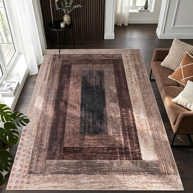 Neutral Geometric Brown 6x9 ft Large Rug for Living Room Bedroom | Contemporary Modern Area Rugs Vintage Non-Slip Soft Faux Wool Low Pile Indoor Carpet for Dining Room Office Home Decor