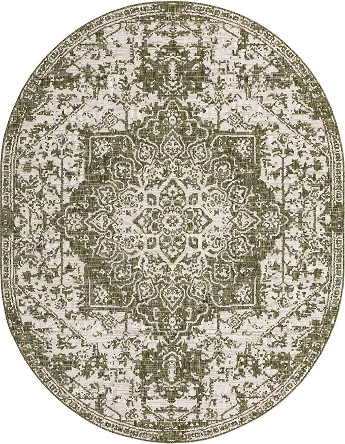Unique Loom Jill Zarin Outdoor Collection Area Rug - Dubai (7' 10" x 10' Oval, Green/ Ivory)
