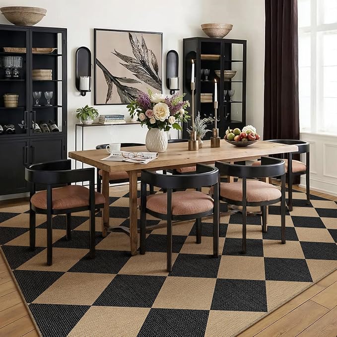 PureCozy 5x7 Checkered Easy Jute Area Rug for Living Room Checkerboard Washable Indoor Outdoor Carpet Farmhouse Patio Office Mat Geometric Non Slip Black Carpet for Backyard Dining Room