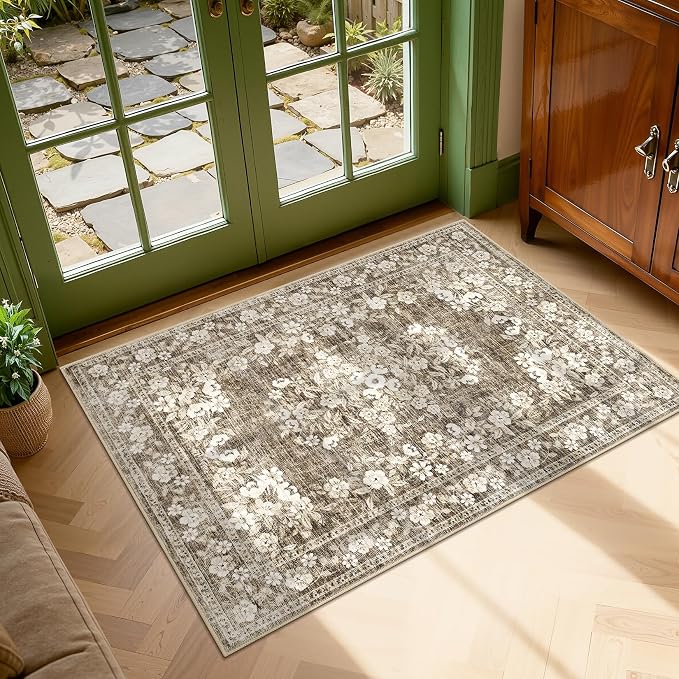 GarveeHome 2x3 Floral Rugs for Bath Vintage Small Mats Botanical Carpets | Machine Washable Non-Slip Low Pile Boho Kitchen Rugs Flower Accent Mats Bordered Area Rug for Hallway Entrance Brown