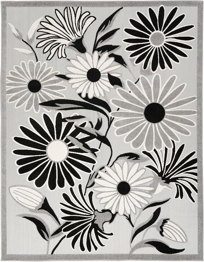 Nourison Home Aloha Black White 6' x 9' Area Rug - Easy Clean, Non Shedding, Bed Room, Living Room, Dining Room, Kitchen (6' x 9')