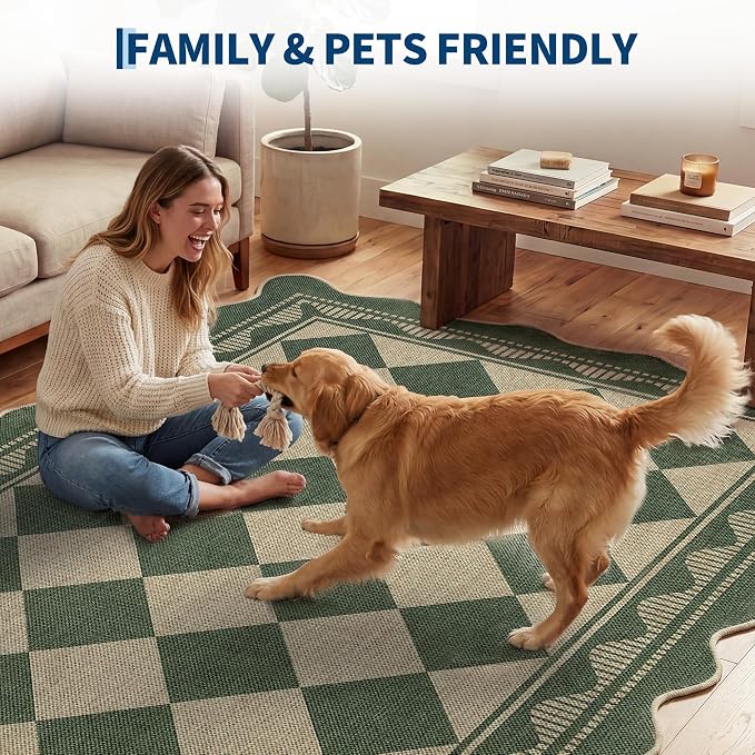 Garvee Easy Jute 8x10 Area Rug Scalloped Border Rugs for Living Room，Green | Indoor Outdoor Washable Rugs for Bedroom Non Slip Stain Resistant Low Pile Throw Rug for Dining Room Nursery