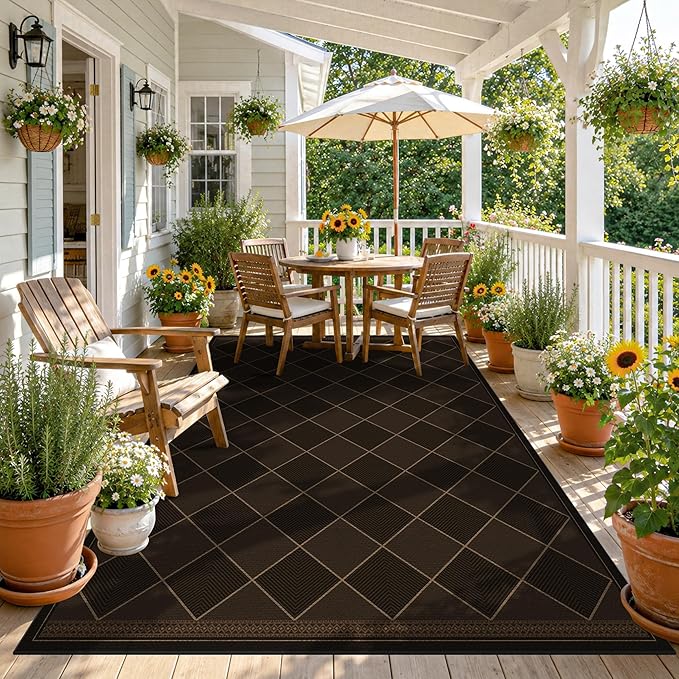 Large Dark Brown Checkered Easy Jute Outdoor Area Rug 5x7, Boho Diamond Geometric Pattern Non-Slip Living Room Patio Rug Indoor, Low Pile Stain Resistant Boho Decor Carpet for Dining Room and Office