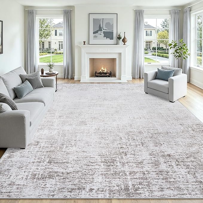 Washable 8x10 Abstract Grey White Area Rugs for Living Room | Large Modern Neutral Rugs Soft Non Slip Stain Resistant Low Pile Carpet Dining Room Bedroom Indoor Nursery Home Office