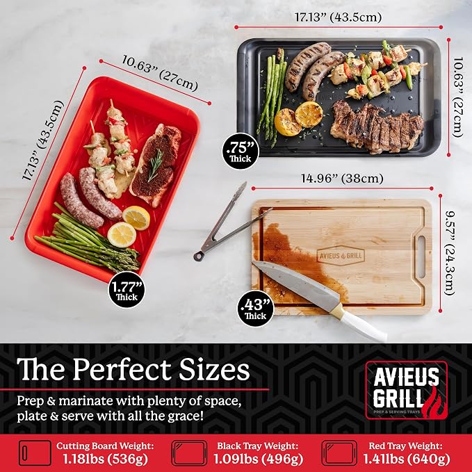 AVIEUS Grill Prep and Serving Trays | Set of 3 Stackable, Melamine Trays with Bamboo Cutting Board | Trays for Marinating, Serving & Chopping | Serving Platter for Plating Food & BBQ Prep Tub |
