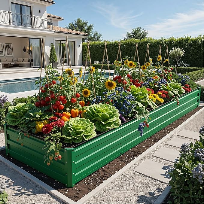 YITAHOME 12x4x1ft Galvanized Raised Garden Bed, Metal Planter Box with Safety Rubber, Gloves, Outdoor Flower Bed for Planting Plants Vegetables, Green
