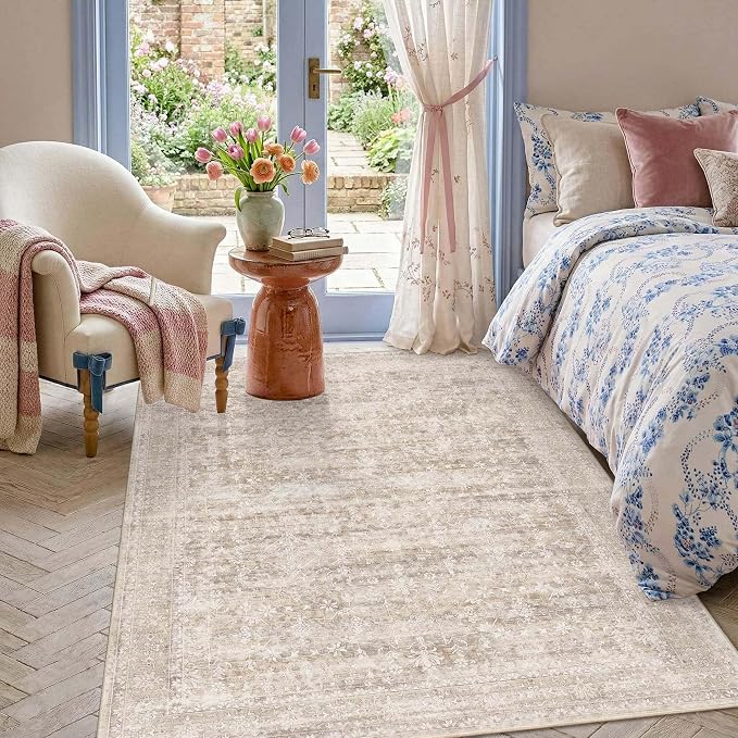 Latte&Fog 4x6 Beige Rugs for Living Room, Vintage Washable Area Rug | Non Slip Low Pile Soft Floral Cute Carpet for Dining Kitchen Kids Playroom Nursery Guest Room Classroom Dorm Farmhouse Office