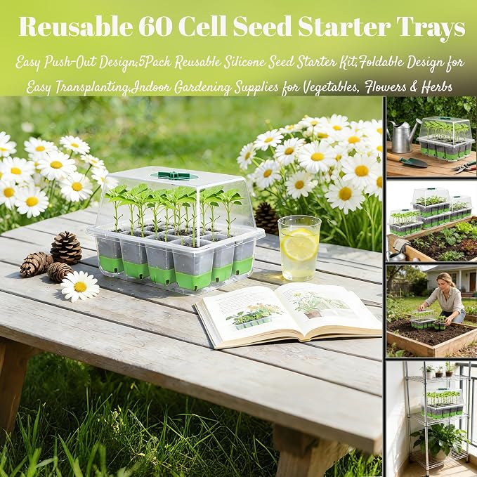 NestNature 5-Pack Seed Starter Tray Set|60-Cell Flexible Germination Trays | Reusable Seed Trays W/Humidity Dome & Lids For Plants, Flexible Pop-Out Design&Dishwasher Safe For Herbs,Vegetables,Flowers