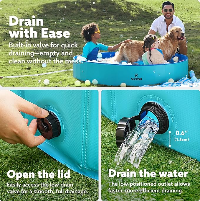 SLOOSH Foldable Dog Kiddie Pool - Portable Hard Plastic Doggie Swimming Pool, Anti-Slip Collapsible Pets Bath Tub Suitable for Kids Indoor Outdoor Backyard Use (Blue, 63" x 12")
