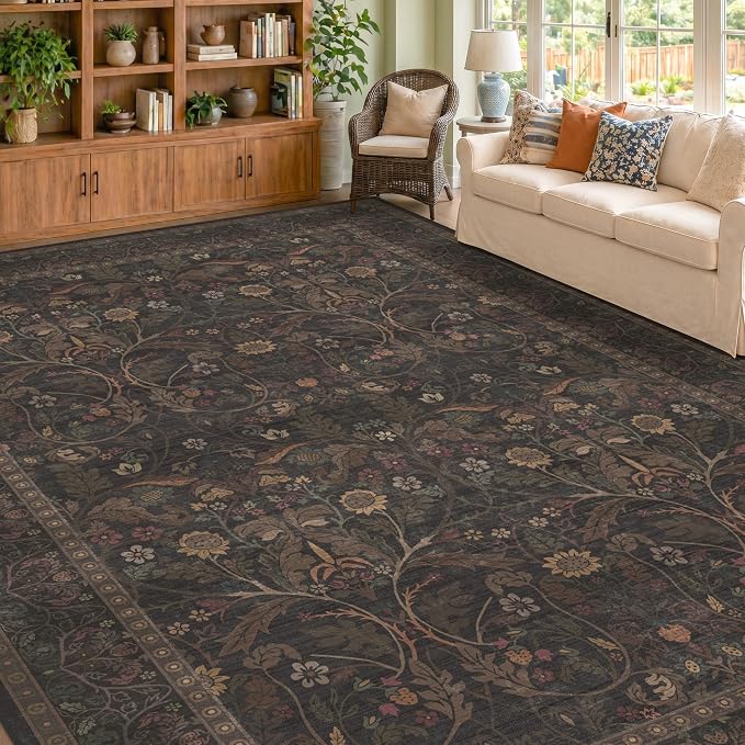 9x12 Botanical Big Rugs for Living Room, Machine Washable Soft Flower Area Rugs for Bedroom, 9 by 12 Dining Room Rugs for Under Table Non Slip (Dark Brown & Olive)