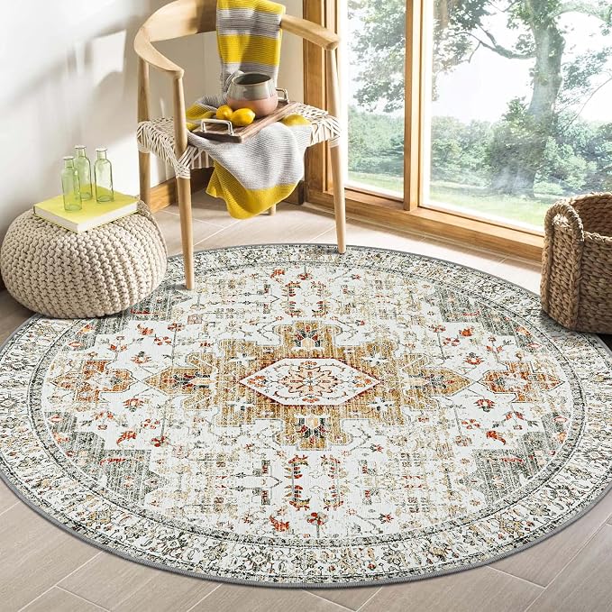 Moynesa Washable Round Rug 4ft, Vintage Medallion Area Rug Distressed Neutral Circle Rug, Soft Non Slip Low Pile Carpet for Living Room Bedroom Dining Room Nursery, Beige/Gold