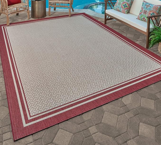 Gertmenian Indoor/Outdoor Flatweave Area Rug - 5x7 Standard, Stain & UV Resistant, Ideal For Deck, Patio, Poolside, Mudroom - Border, Red, 21360