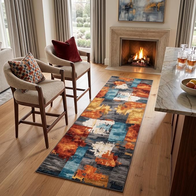 2x6 Burnt Orange and Teal Abstract Brushstroke Area Rug | Soft Low-Pile Machine-Washable Rug with Non-Slip Backing for Dining Rooms, Entryways and Reading Areas for Easy Everyday Care