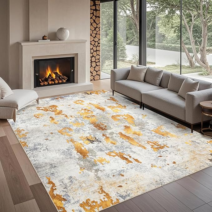 Washable 6x9 Area Rug: Modern Large Rugs for Living Room Dining Room Bedroom Office Indoor - Non-Slip Carpet Home Decor - 6x9 Orange Gold Grey