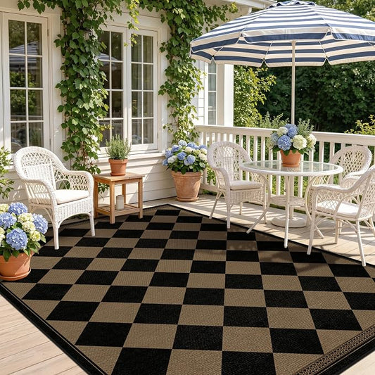 Boho Checkered Easy Jute Indoor Outdoor Rugs for Dining Room Living Room Patio 5x7, Non Skid Washable Checkered Outdoor Rug, Farmhouse Geometric Carpet for Bedroom, Backyard, Brown Diamond Décor