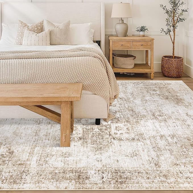 Area Rug 6x9 Washable Rug, Vintage Boho Medallion Rugs Non-Slip Soft Low Pile Large Distressed Rug Indoor Retro Carpet for Living Room Bedroom Dining Room Home Office (Brown, 6'x9')