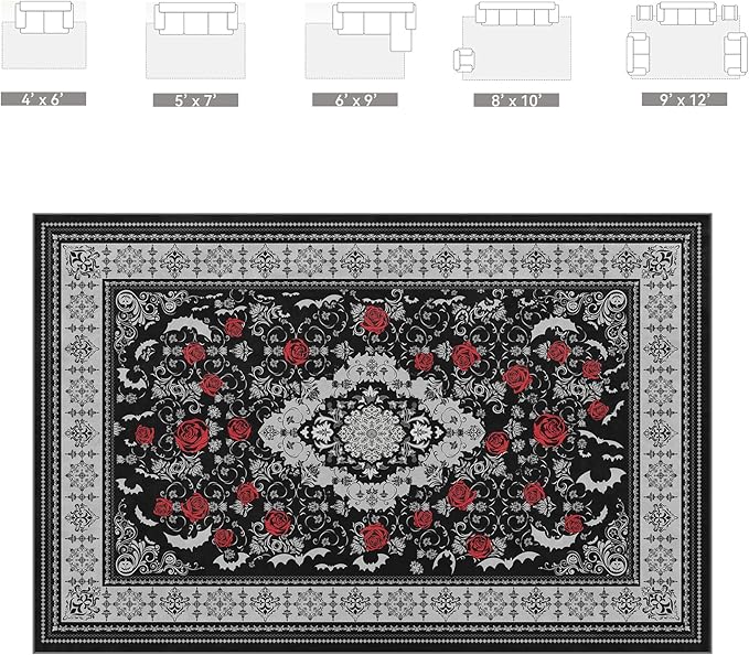 Nayoroom Dark Academia Gothic Black Area Rug, Easy Clean Non-Slip, 5 x 7 ft | Dark academia pattern; Soft, non-shedding surface; Machine washable; Non-slip backing; Living room, dining room or bedroom