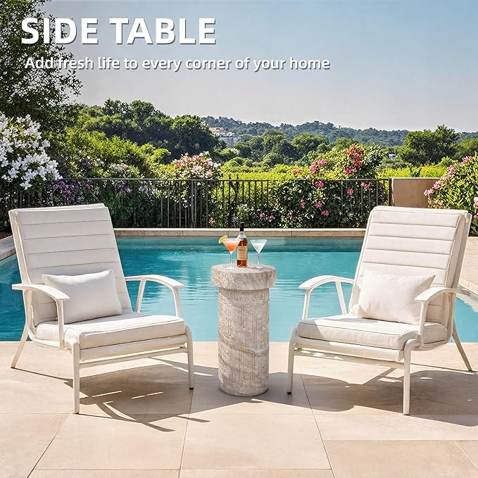 Side Table, 24" Travertine Pedestal End Table, 3-in-1 Durable Lightweight Outdoor Round Coffee Table, Decorative Patio Accent Table Fluted Garden Stool Art Decor for Balcony, Living Room, Beige