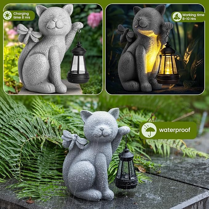 Solar Garden Outdoor Statues Cat with Solar Lantern,Outdoor Cat Figurines Decorations,Lawn Home Decor for Patio, Balcony, Yard Ornament,Unique Housewarming and Birthdays Gifts for Mom Women Grandma