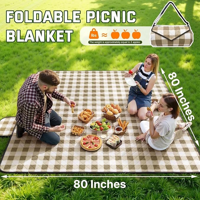 TigeJoy Extra Large Picnic Blanket Waterproof Foldable 80''x100'', Outdoor Picnic Mat Beach Blanket Sandproof for Park, Grass, Travel, Hiking, Camping Essentials, Gingham Picnic Blanket