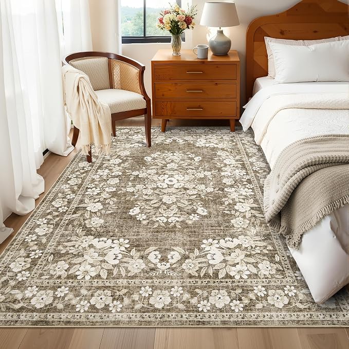 GarveeHome 3x5 Area Rug for Bedroom Vintage Floral Bordered Floor Carpets | Flower Leaf Accent Mat for Dining Room Machine Washable Non-Slip Low Pile Brown Area Rug for Living Room Hallway Entryway