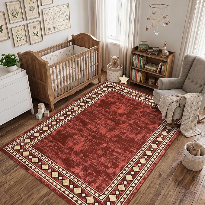 Garvee 5x7 Area Rugs Vintage Border Washable Rugs Living Room, Red | Boho Area Rug Stain Resistant Easy Cleaning Throw Rugs Non Shedding Low Pile Floor Cover for Nursery Dining Room