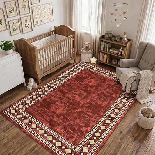 Garvee 5x7 Area Rugs Vintage Border Washable Rugs Living Room, Red | Boho Area Rug Stain Resistant Easy Cleaning Throw Rugs Non Shedding Low Pile Floor Cover for Nursery Dining Room