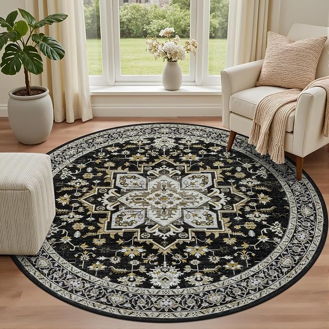 Round Area Rug for Living Room: 4ft Boho Washable Rug Black Gold | Vintage Boho Soft Round Rug Indoor Floor No Slip Carpet Stain Resistant Rugs for Bedroom Dining Room Nursery Home Office