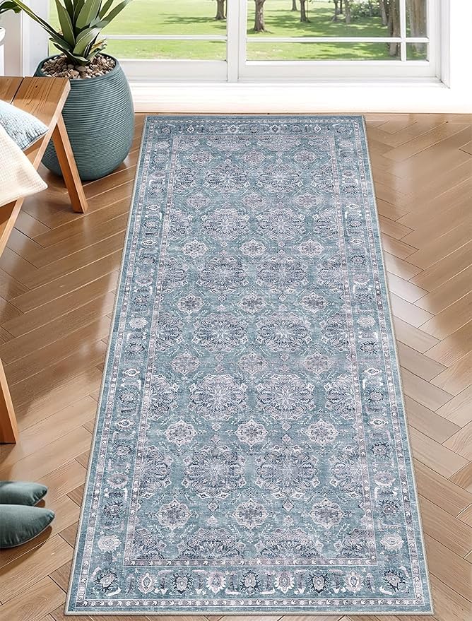 SERISSA 2x5 Washable Non Slip Floral Boho Runner Rug for Hallway | Ultra Soft Vintage Floral Carpet Low-Pile Blue Grey Indoor Mat Throw Rug for Kitchen Bedroom Bathroom Laundry Living Room
