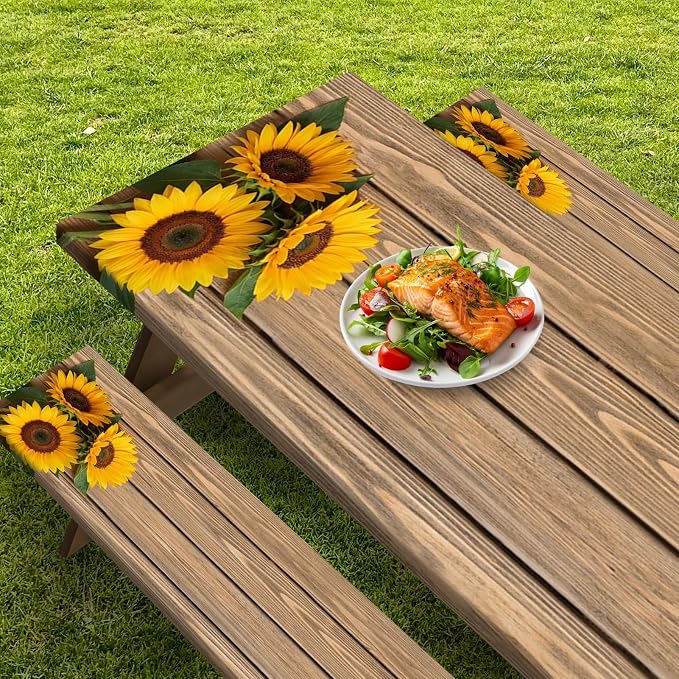 Sunflower Wooden Picnic Table Cover with Bench Covers, Rustic Summer Floral Farmhouse Outdoor Camping Essentials 6FT 3PCS Fitted Rectangle RV Must Haves Tablecloth with Drawstring Bag
