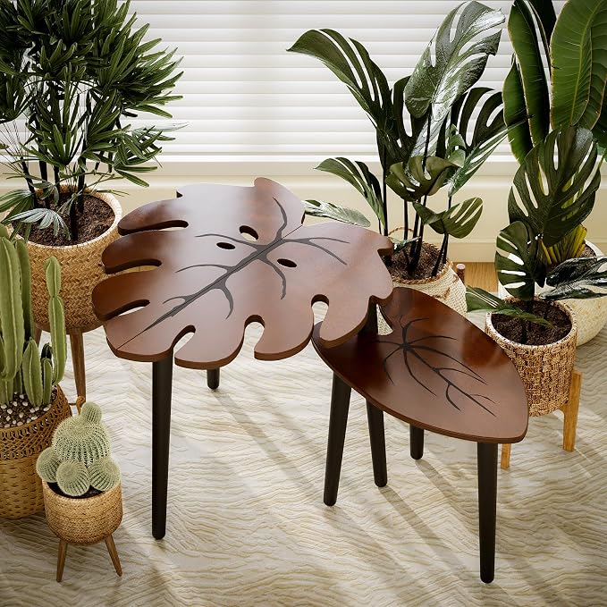 BAMEOS Monstera Leaf Nesting Tables Set of 2, Small Side Tables f Set with Leaf Vein Pattern, Modern Wooden CoffeeTables for Living Room Bedroom Apartment Balcony Yard