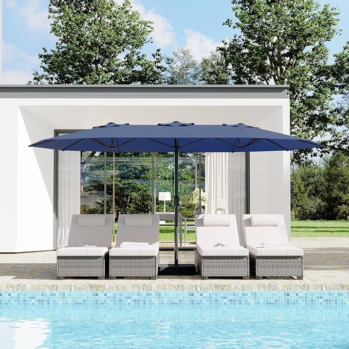 Garvee 15 ft Rectangular Patio Umbrella with Base Included - Large Patio Umbrella with Crank Handle, UV Protection for Outdoor Market, Backyard, Pool - Navy Blue