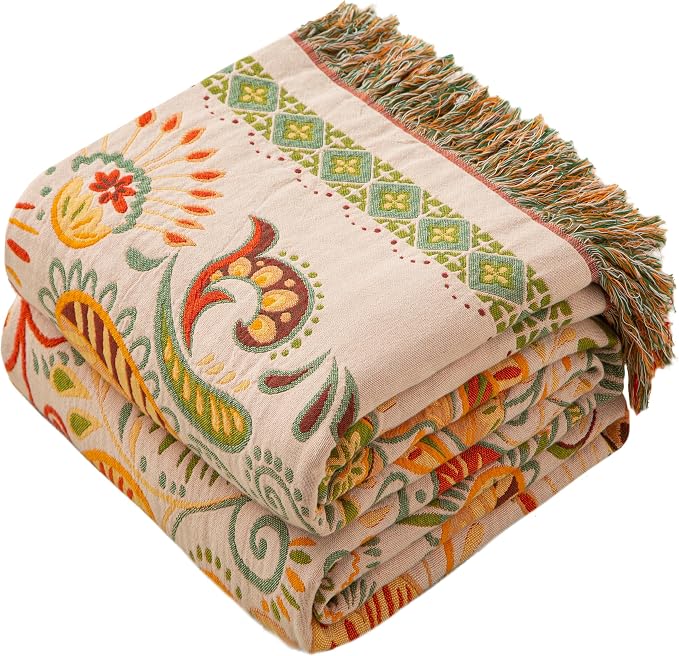Phuryllic Boho Throw Blanket Queen Size, Oversized Soft Cozy Cotton Muslin Quilt Blanket for Bed Decor, Floral Patterned Couch Sofa Chair Cover, Vintage Farmhouse Cottage Woven Blanket, Coral&Green