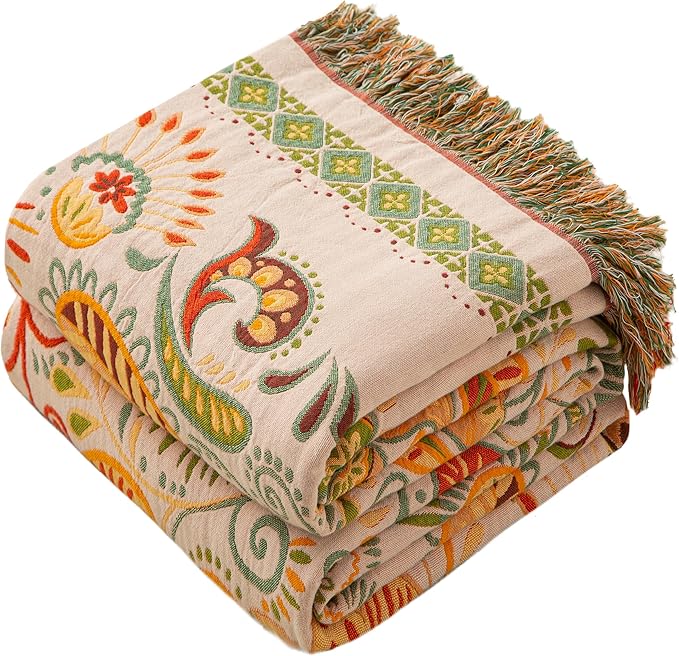 Phuryllic Boho Throw Blanket Full Size, Extra Large Soft Cozy Cotton Muslin Quilt Blanket for Bed Decor, Floral Patterned Couch Sofa Chair Cover, Vintage Farmhouse Cottage Woven Blanket, Coral&Green