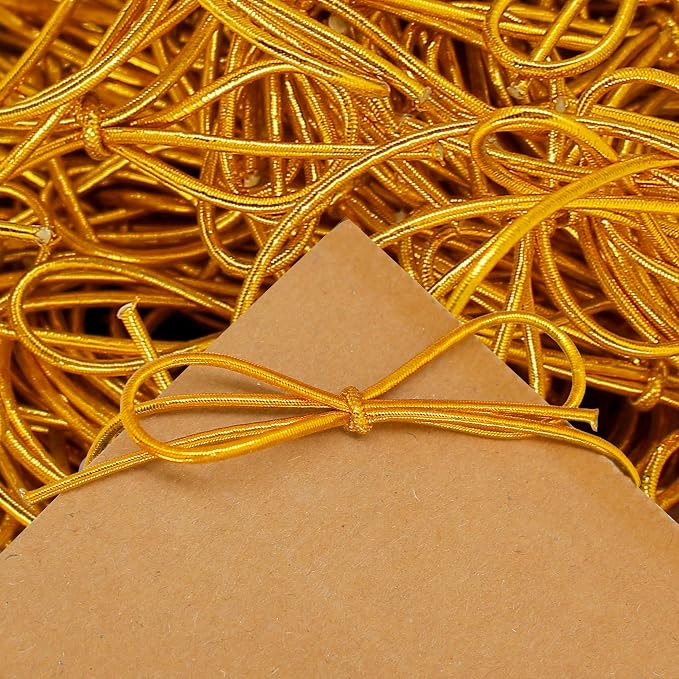 FQTANJU 200 Pcs 8 Inch Gold Stretch Loops with Pre Tied Bows Metallic Elastic Ribbon String Gold Elastic Cord for Gift Wrapping Crafts Tags Gift Boxes Bow
