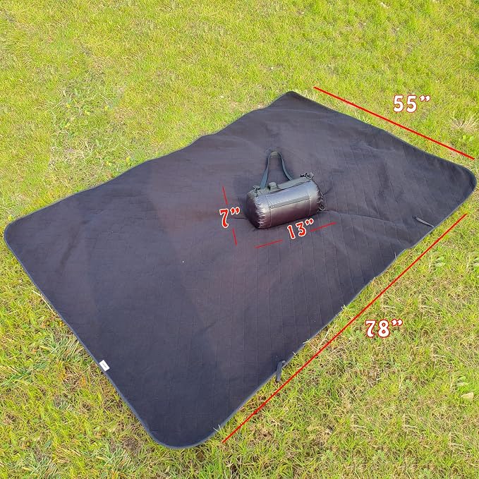 Large Outdoor Waterproof Blanket-Quilted Extra Thick Fleece Windproof Warm Includes Stuff Sack Shoulder Strap Machine Washable,55"x78"-Black