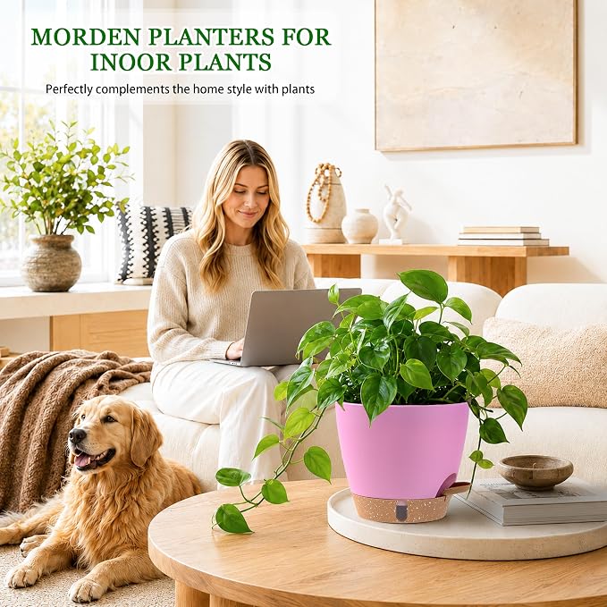 Self Watering Pots for Inoor Ourdoor Plants 8/7/6.5/6/5 Inch Plastic Planters with Drainage Holes & Water Level Indicator, Decorative House Flower Nursery Planting Pots with Saucers (Dusty Rose/Pink)